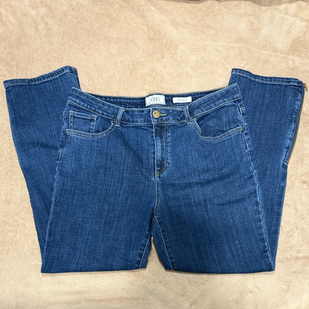 LOGO by Lori Goldstein Women’s Dark Blue Straight Leg Jeans w/zipper detail